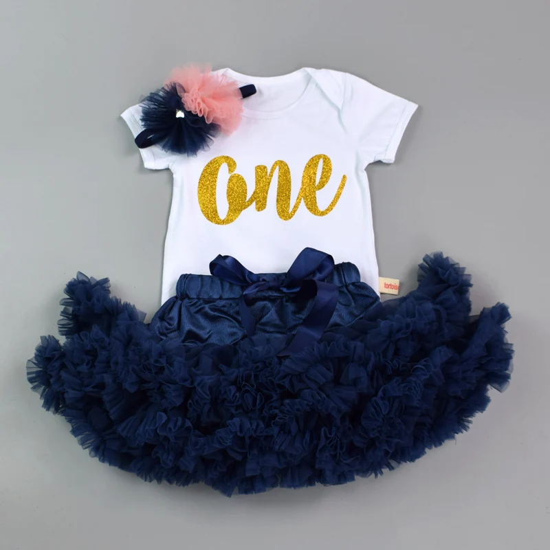 White Dark Blue one Детский хлопковый комбинезон для новорожденных девочек, комбинезон+ многослойная юбка-американка+ повязка на голову с цветочным рисунком, дизайн, 3 предмета, лучший подарок на день рождения - Цвет: White Dark Blue one