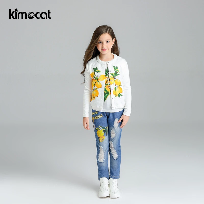 Весенне осенняя одежда Kimocat для девочек детская куртка + футболка джинсы