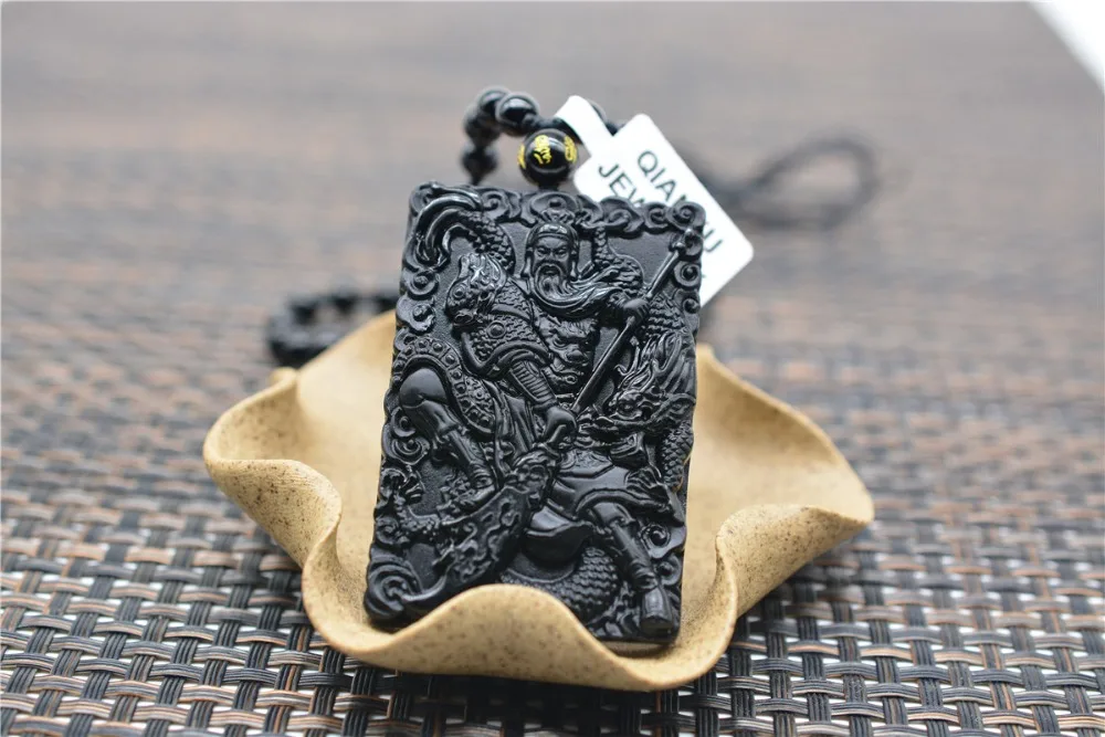 QIANXU черный обсидиан Ожерелье Кулон Будда Guan Yun Дракон нефрит кулон Нефритовое