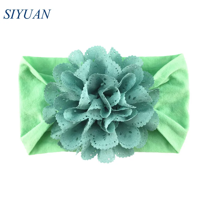 20pcs/lot You Pick Color Wide Nylon Elastic Headband with 3'' Eyelet Chiffon Fabric Flower DIY Hair Accessories For Party HB082 |