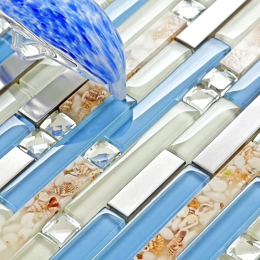 Мозаичная плитка в пляжном стиле из смолы 13 краев синяя кремовая белая мозаичная