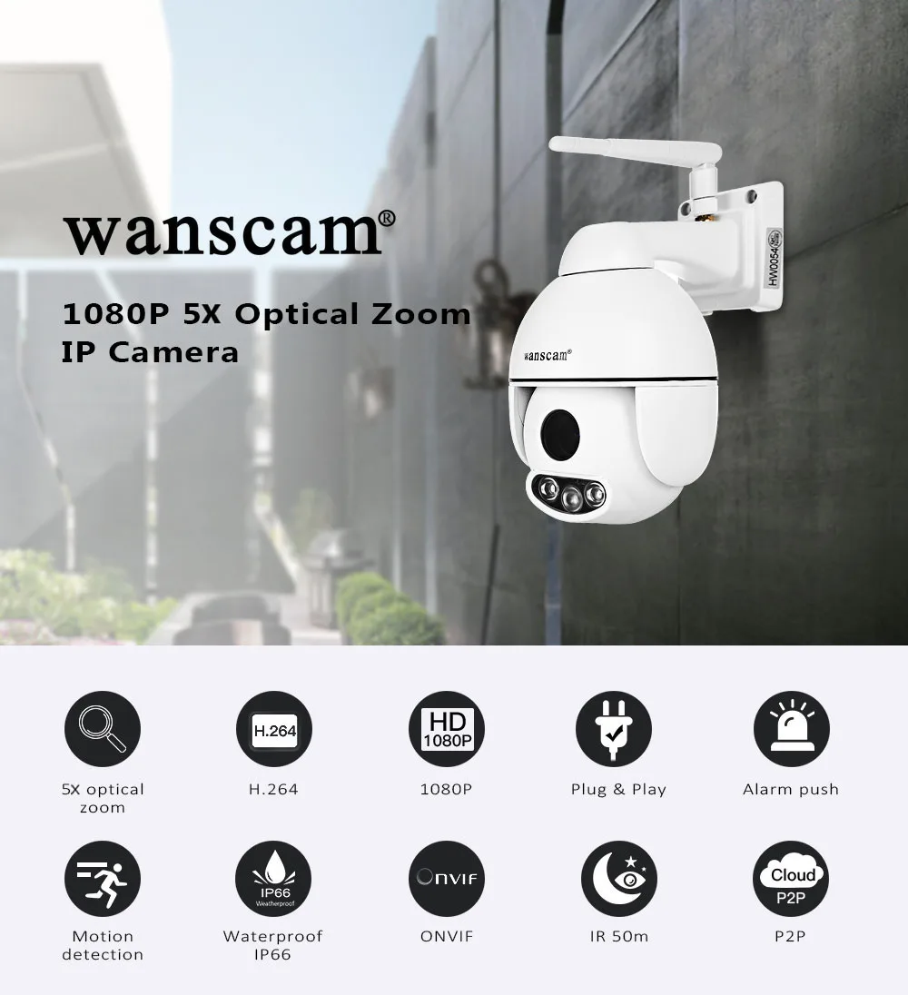 WANSCAM HW0054 1080 P HD Wi Fi Открытый IP Камера 5 раз Оптический зум P2P обнаружения движения