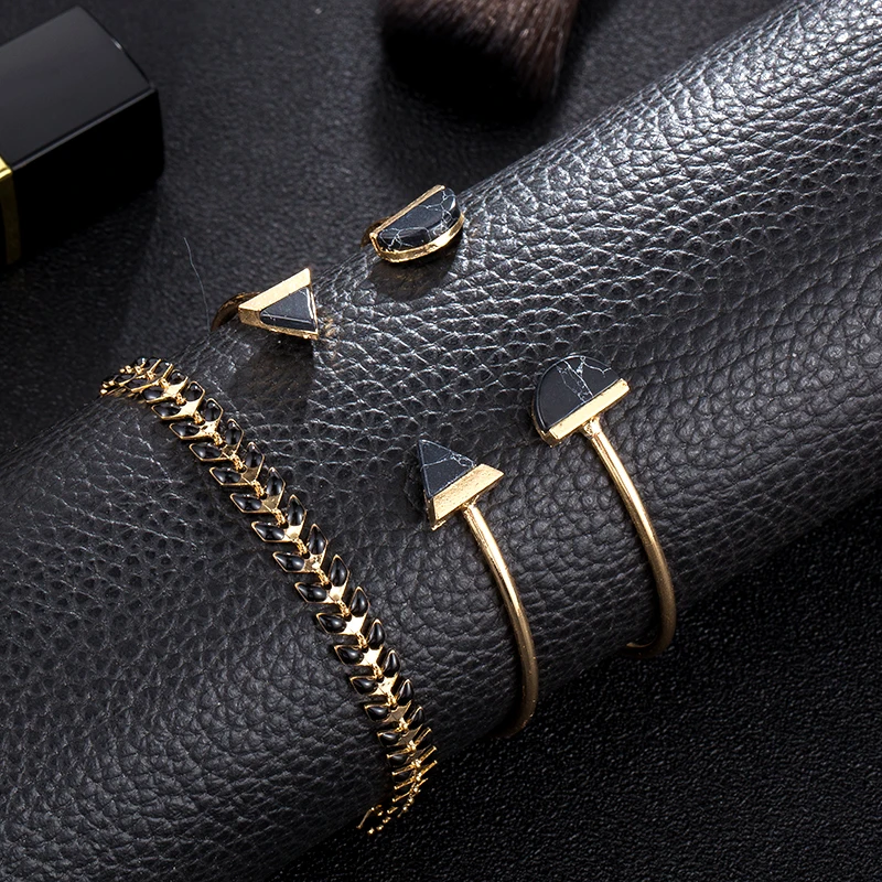 Docona богемный черный треугольник полукруг горный стразы лист Набор браслетов с