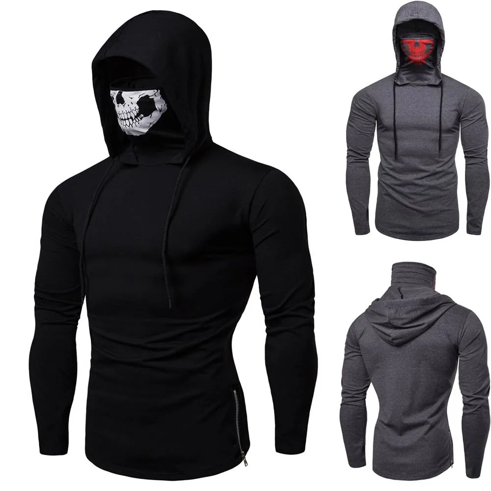 Hoodies Mens streetwear Sweatshirt Mask Skull harajuku Pure Color Pullover Long Sleeve Hooded Tops Blouse sudaderas para hombre | Мужская