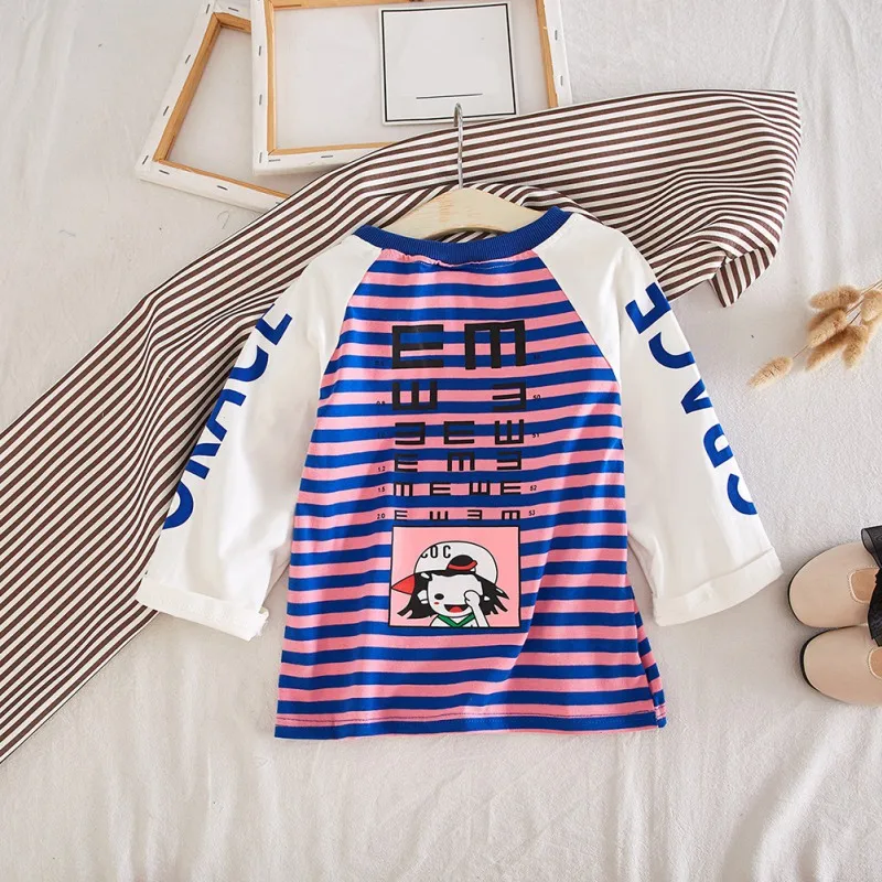 

2019 Summer T-Shirts Cotton Colorful Stripe Shirt Long Style Shirt Children Boy Girl Kids Baby Toddler Tops