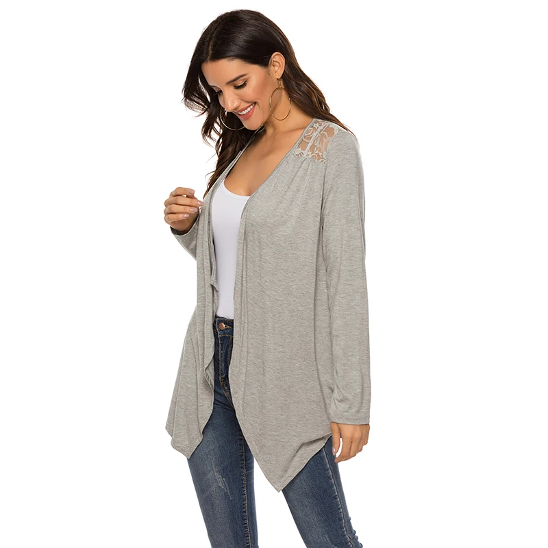 

Fashion Women Long Sweater Tops Lace Hollow Casual Coat 2020 Spring Autumn Knitwear Solid Color Long Sleeve Thin Cardigan