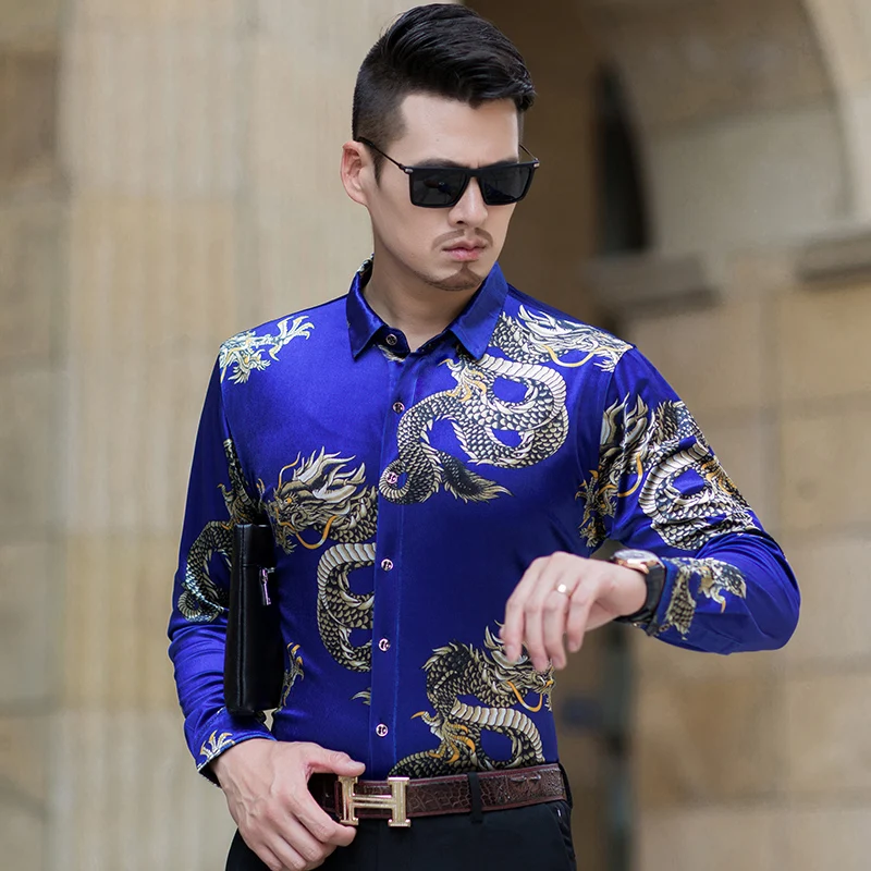 

New arrival 2018 autumn mens gold velvet dress shirt male casual long sleeve dragon pattern velvet clothes shirt