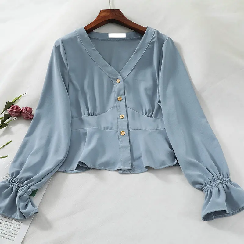 Women Shirt Элегантная женская рубашка с расклешенными рукавами и v-образным вырезом, леопардовая Базовая рубашка с оборками, повседневный короткий тонкий кардиган с высокой талией, шифоновая блуза на пуговицах, топы - Цвет: Women Shirt