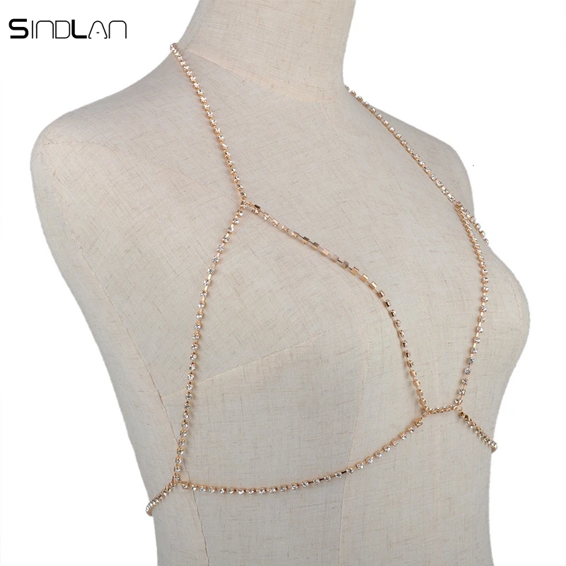 Новая мода Pop - блестящая цепочка с кристаллами Rhinestones для тела, нижнее белье, бикини, бюстгальтер, сексуальное золотое и серебряное ожерелье ювелирных изделий для женщин.