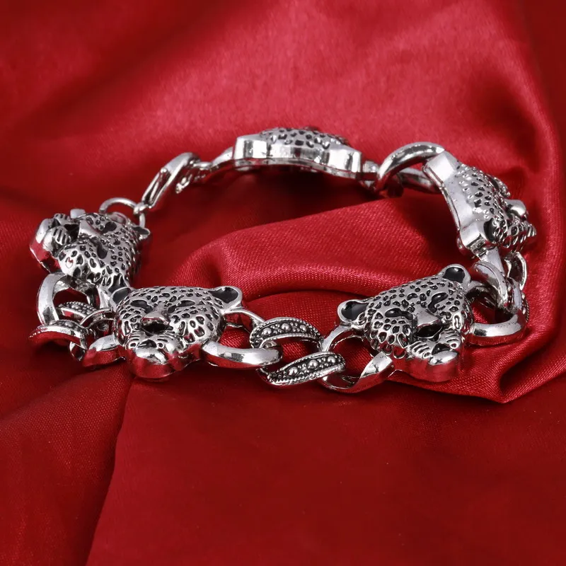 Модный браслет цепочка с леопардовой головкой крутой посеребренный для мужчин и