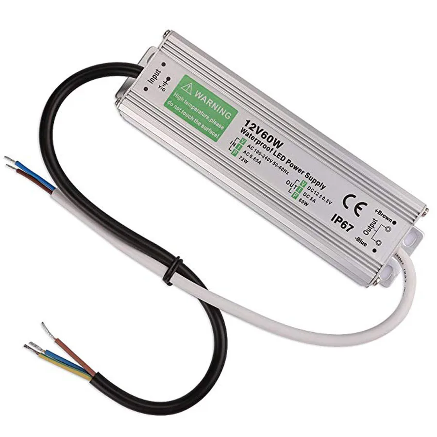 

Waterproof 60W LED Transformer IP67 LED Power Supply Driver Adapter To DC12v Output 90V-250V/5A For LED Light