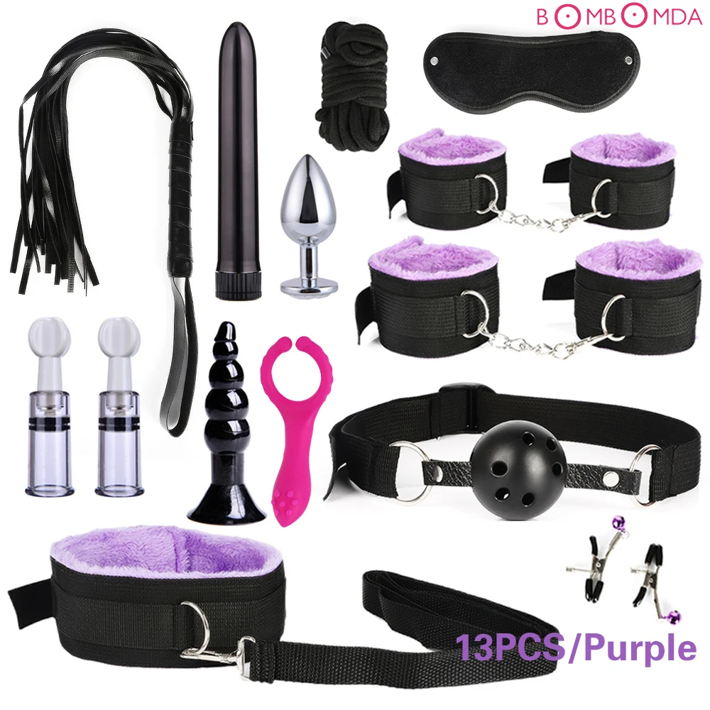 

BDSM Bondage Set Whip Handcuffs Ankle Cuffs Anal Plug Vibrator Blindfold Gag Rope Collar Nipple Sucker Sex Toys for Adult Couple