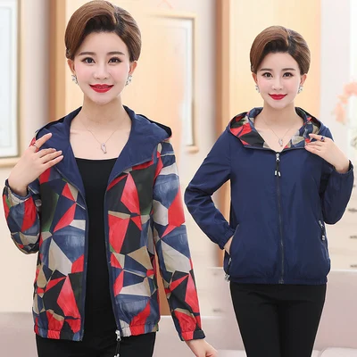 

Two Side Wear Female Jacket New Autumn Spring Print Long Sleeve Coat Plus Size Hooded Windbreak Zipper Jacket Women