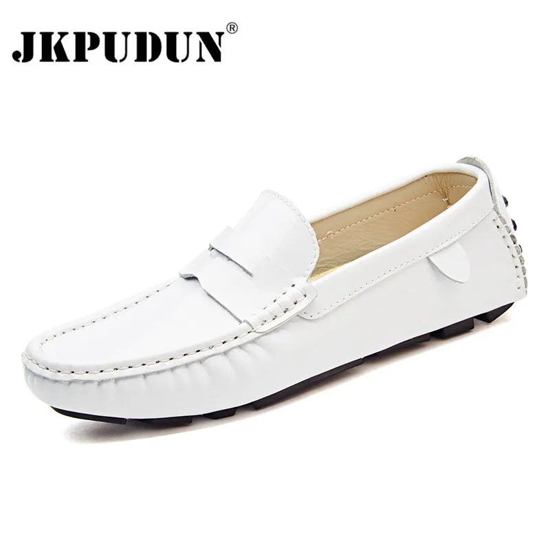 white Jkpudun мужской повседневная обувь Элитный бренд Разделение кожи, модные туфли-лодочки обувь Для мужчин итальянские Лоферы без застежки; мокасины; мужская обувь - Цвет: white