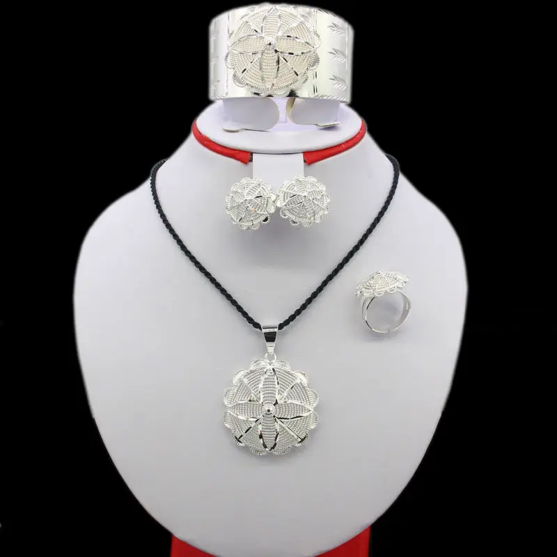 Adixyn NEW Bride Jewelry Set Silver Plated Eritrean/Ethiopian/African Necklace/Pendant/Bangle/Earring/Ring Wedding Sets | Украшения и