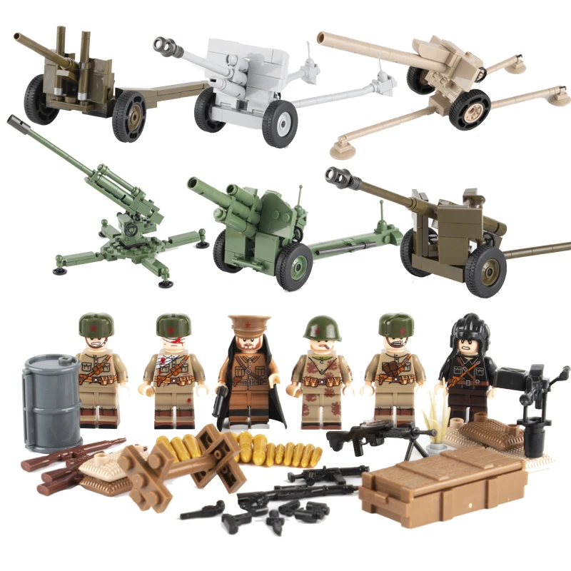 WW2 фигурки военных солдат, строительные блоки, оружие Советского Союза, блоки, кирпичные части, армия, Россия, пушки, модель игрушки