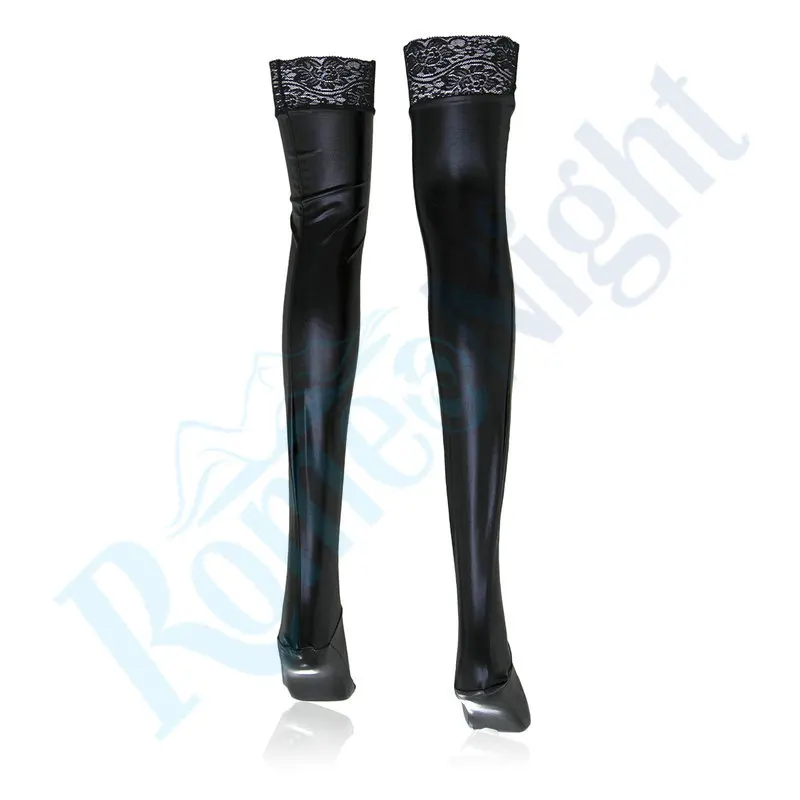 RomeoNight Coquette Darque Wet Look Hold Ups с кружевными топами взрослые сексуальные аксессуары для