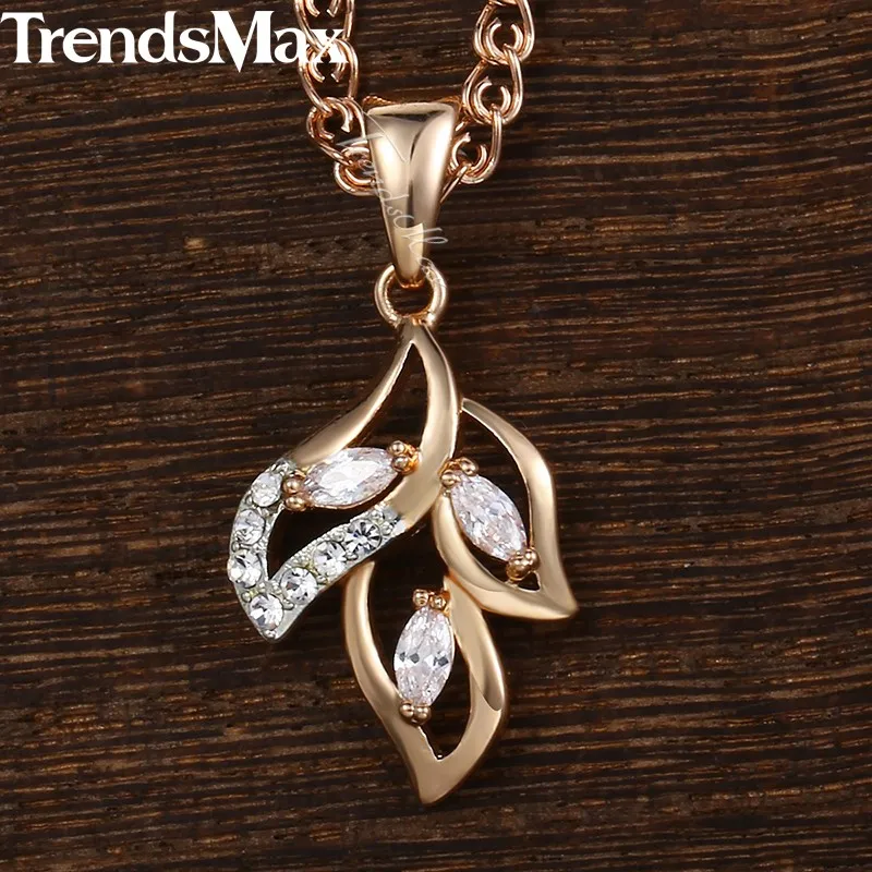 Trendsmax, женское ожерелье, подвеска в форме листа, 585, розовое золото, заполненное прозрачным кубическим цирконием, ожерелье для женщин KGP195
