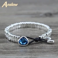 anslow fashion jewelry zinc alloy silver plated beads leather crystal charms bijoux bracelets women friend bracelet low0734lb