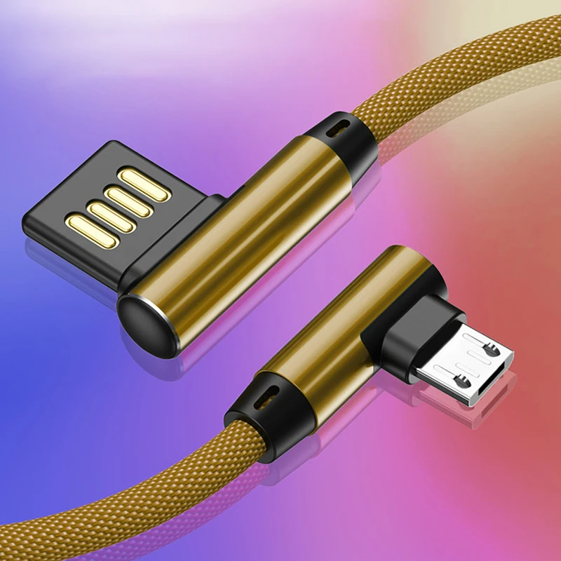 Micro USB кабель 2A быстрое зарядное устройство USB шнур 90 градусов локоть нейлон плетеный кабель для передачи данных для samsung Xiaomi huawei Honor Android телефон - Цвет: Золотой