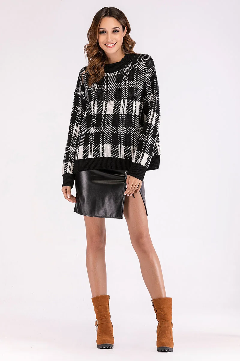 Winter O-Neck Sweater Women Pullover Warm Female Plaid Print Wild Basic Autumn Knitted Loose | Женская одежда