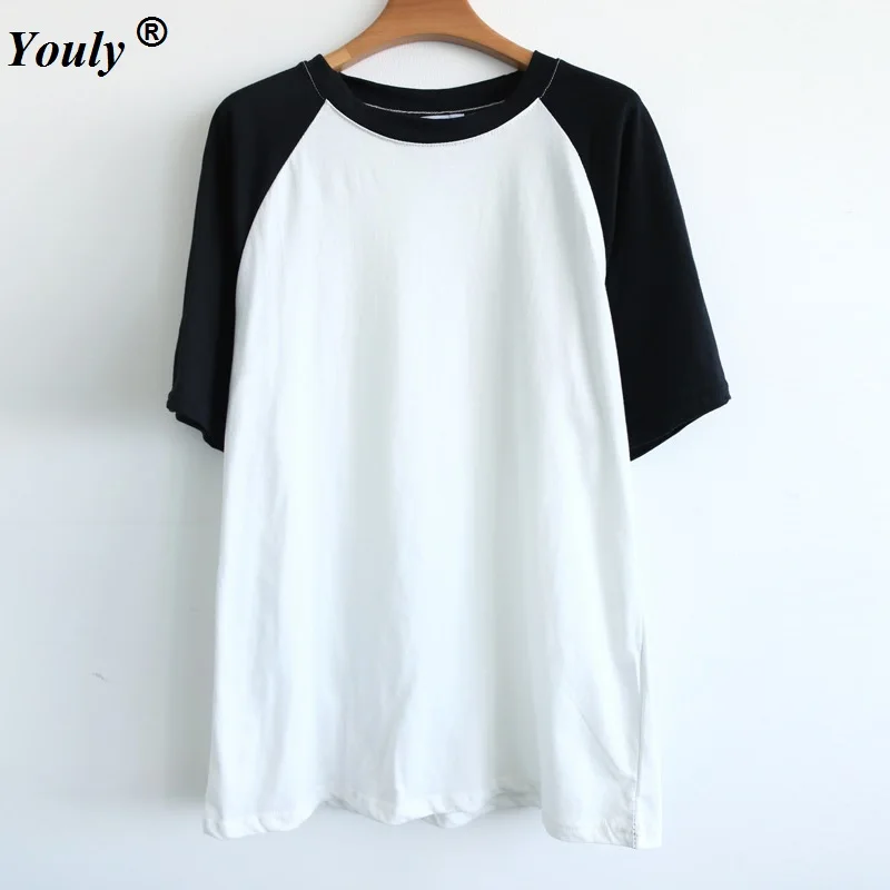 

women Simple loose casual O-neck Short Sleeve T-shirt 2022 summer Femme Preppy Style cute tees Patchwork Solid tops