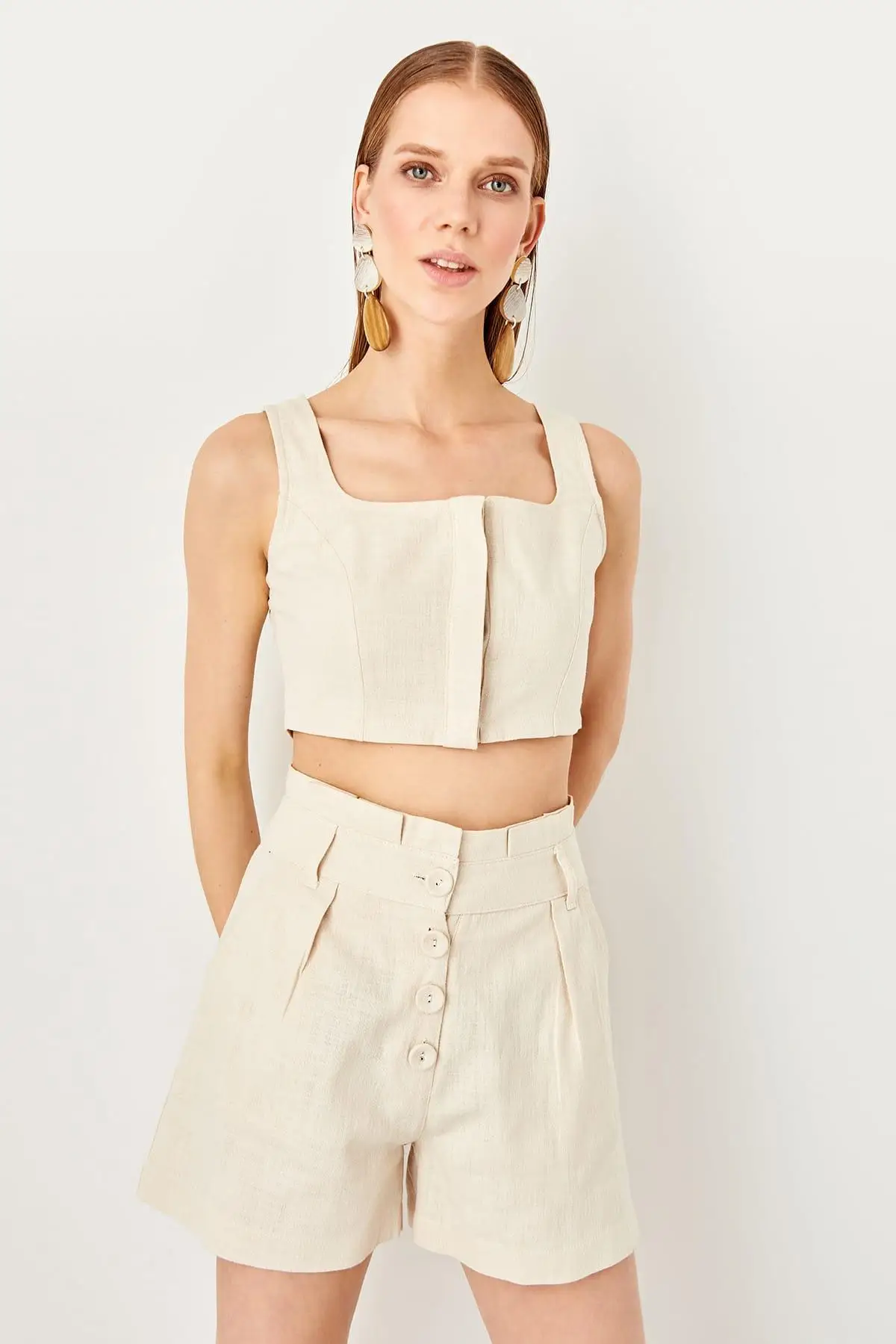 Trendyol бежевый льняной пуговицы деталь 2'li низ/топ костюмы TWOSS19IE0108 | Женская