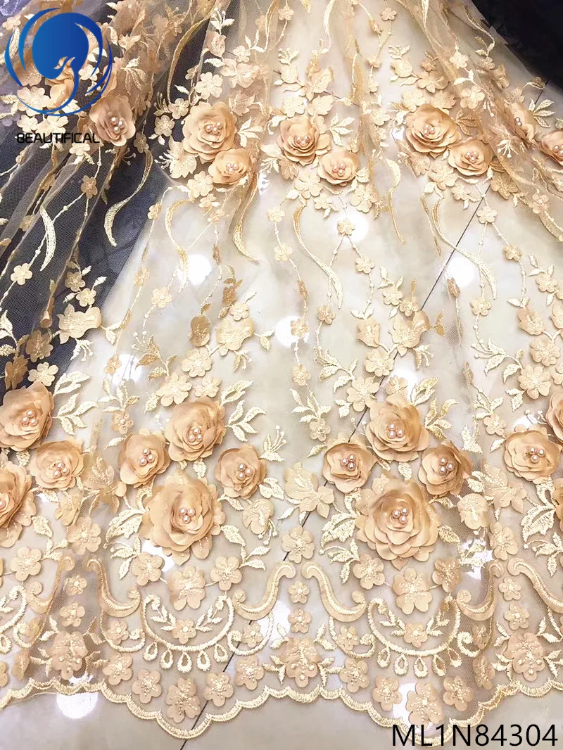 

Красивая 3d кружевная ткань с бусинами, африканская Свадебная французская тюль, кружевное 3D платье с цветочным кружевом ML1N843
