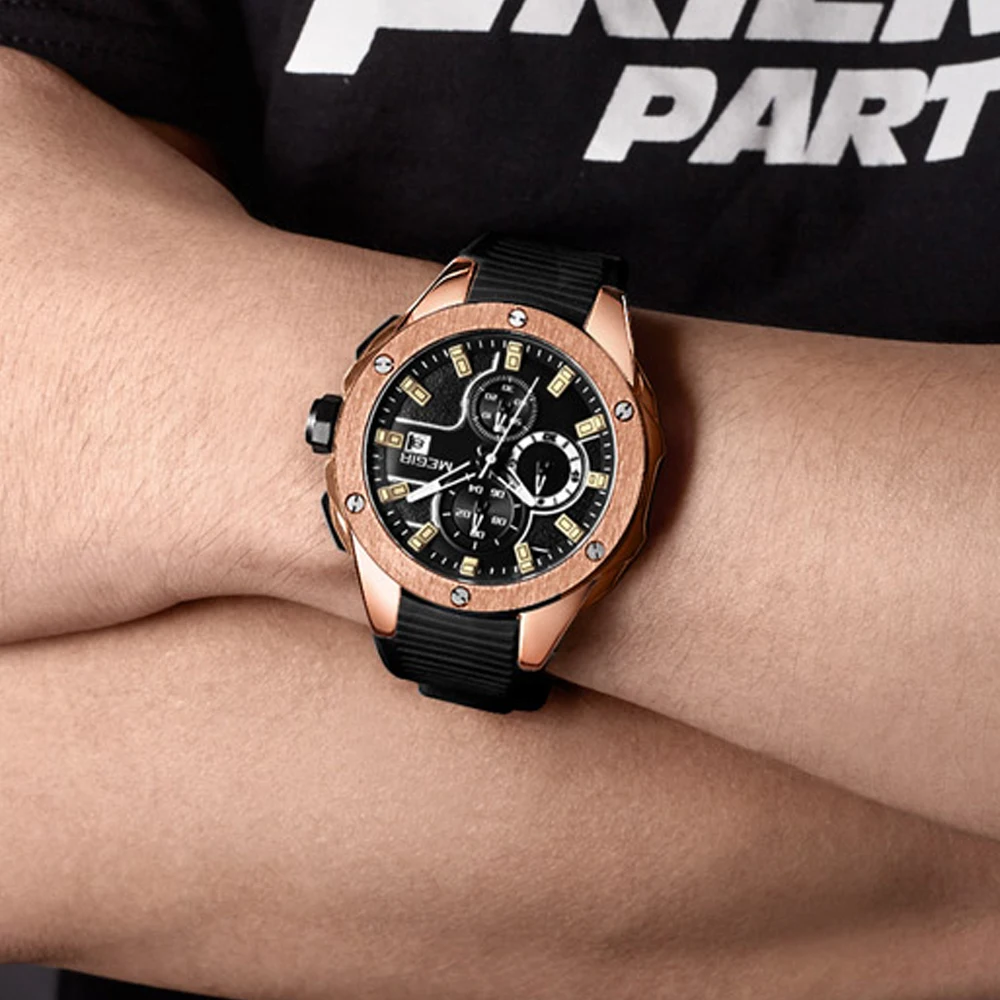 Megir Для мужчин спортивные часы хронограф силиконовый ремешок кварца армия