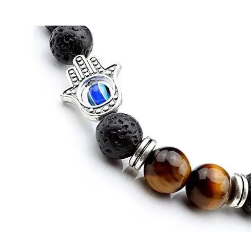 Natural Volcano Lava Stone Fatima Hand Bracelets for Men Amulet Eyes Charm Rock Jewelry Elastic Beads BB04 | Украшения и