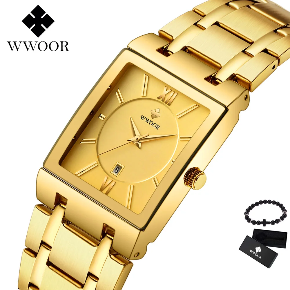 Gold Новые часы WWOOR Мужские кварцевые брендовые аналоговые военные мужские деловые спортивные часы со стальным ремешком водонепроницаемые часы Relogio Masculino - Цвет: Gold