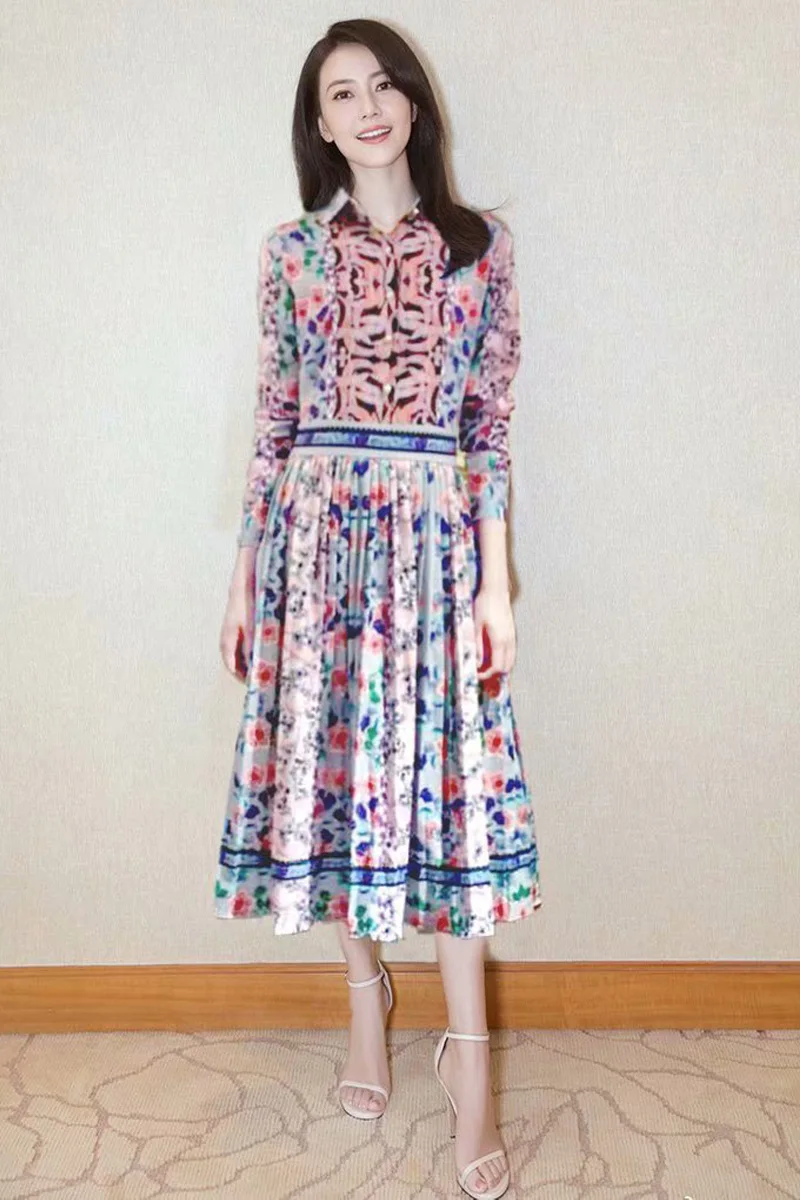 

Boho Flower Print Chiffon High Quality Europe And America Midi Shirt Dress Fold Single Row Button 2019 Autumn Party Dress New