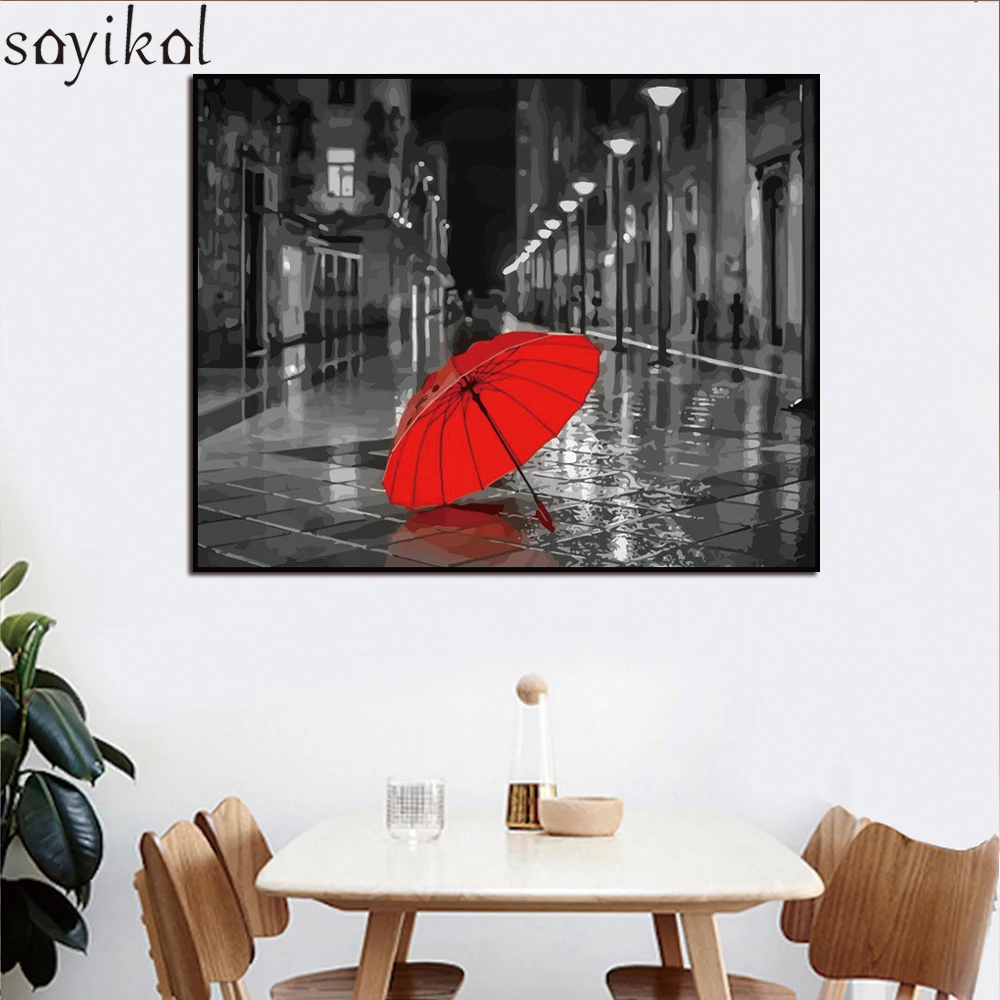 Wooden Framed DIY Painting By Numbers Kit Red Umbrella Landscape Acrylic Paint By Number Modern Wall Art Picture Canvas Painting