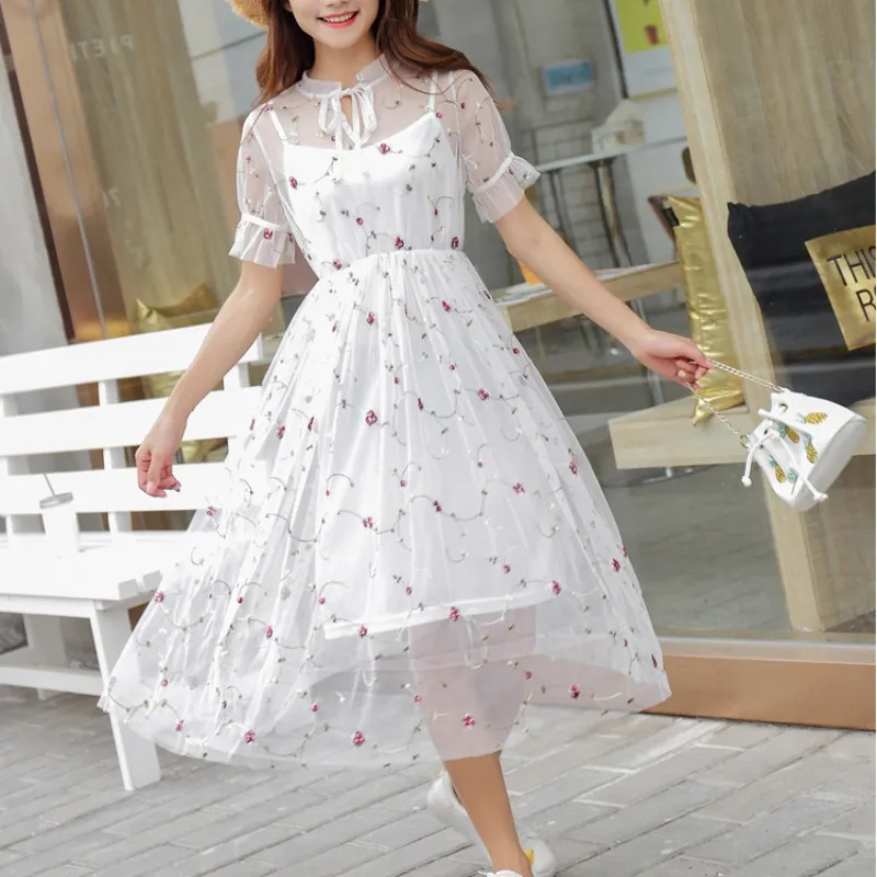 

Embroidery Summer Dress Vestido Women Sexy Lace Mesh Midi Dress