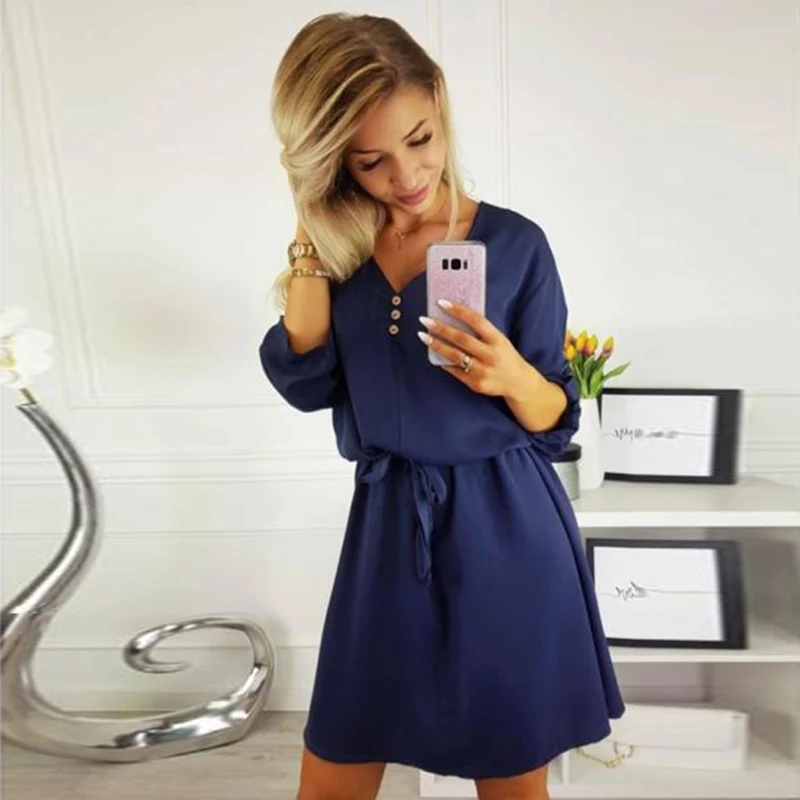 dark blue Новинка, весна-осень, модное повседневное женское платье, v-образный вырез, однотонный дизайн, пуговицы, рукав до локтя, сарафан с бантом на поясе для женщин - Цвет: dark blue