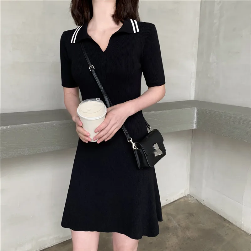Summer Deep V Tun down Collar A Line Short Dress Casual High Street Women Knitted Dresses Sleeve Elastic Slim Mini Dress|Женские платья|