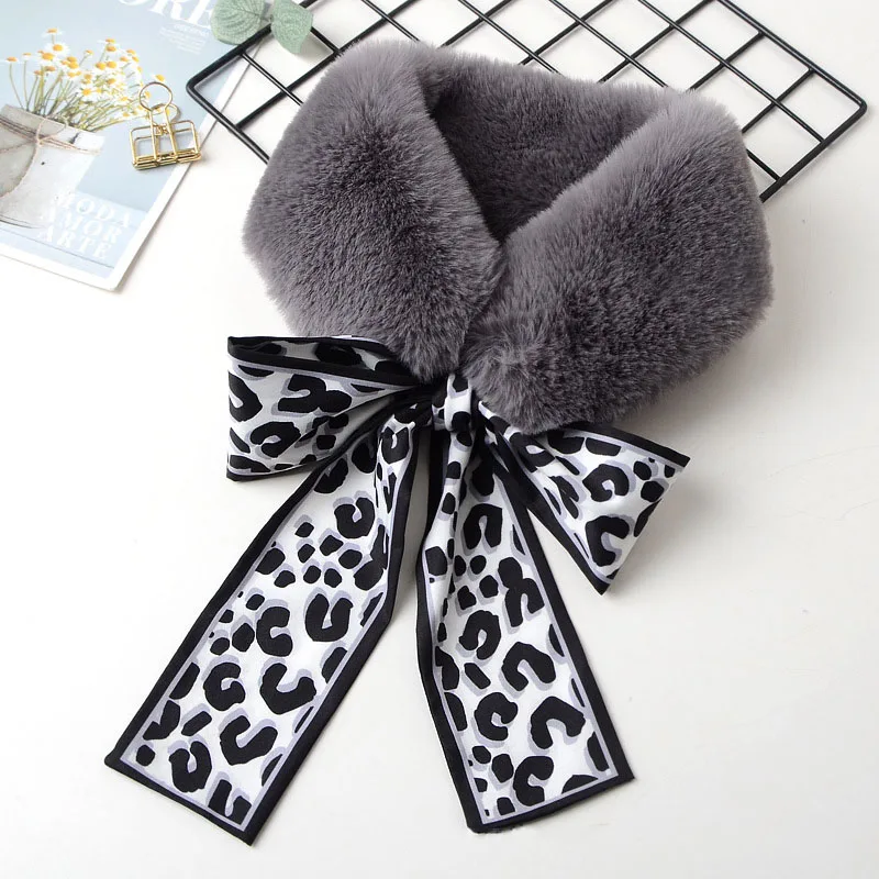 

Ms.MinShu Women Fur Scarf with Silky Ribbons Faux Fur Scarf Fashion Neck Warmer Female Fur Collar Artificial Fur Soft Collar