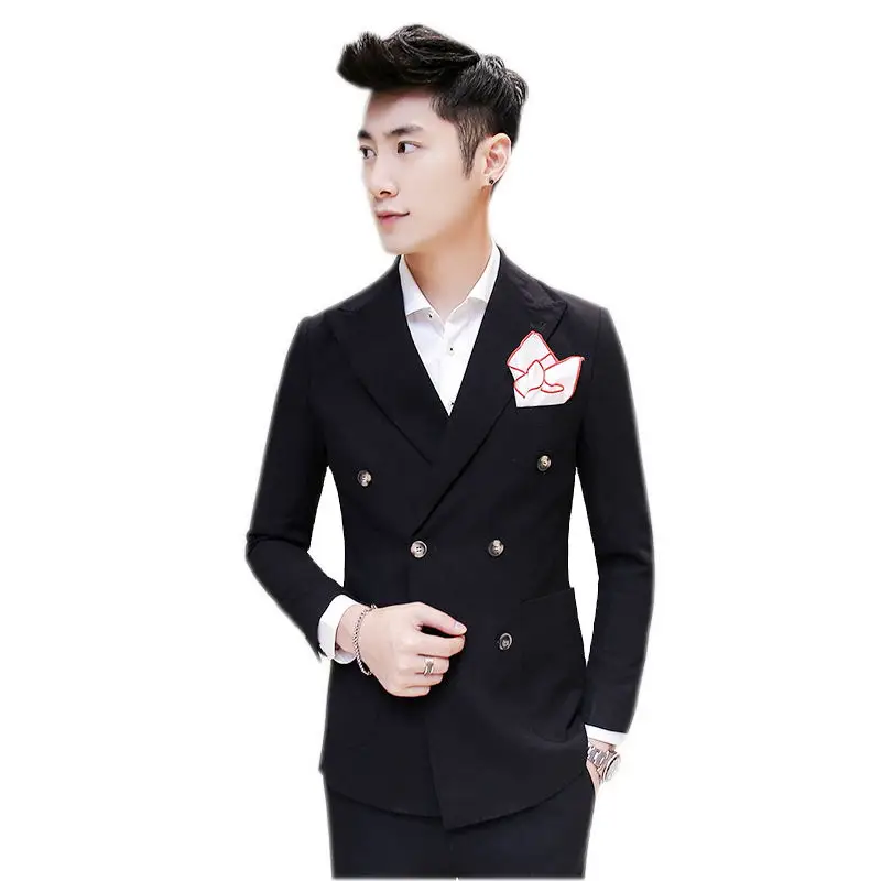 2019 (пиджак + брюки) высокое качество мужские двубортные повседневные Черные