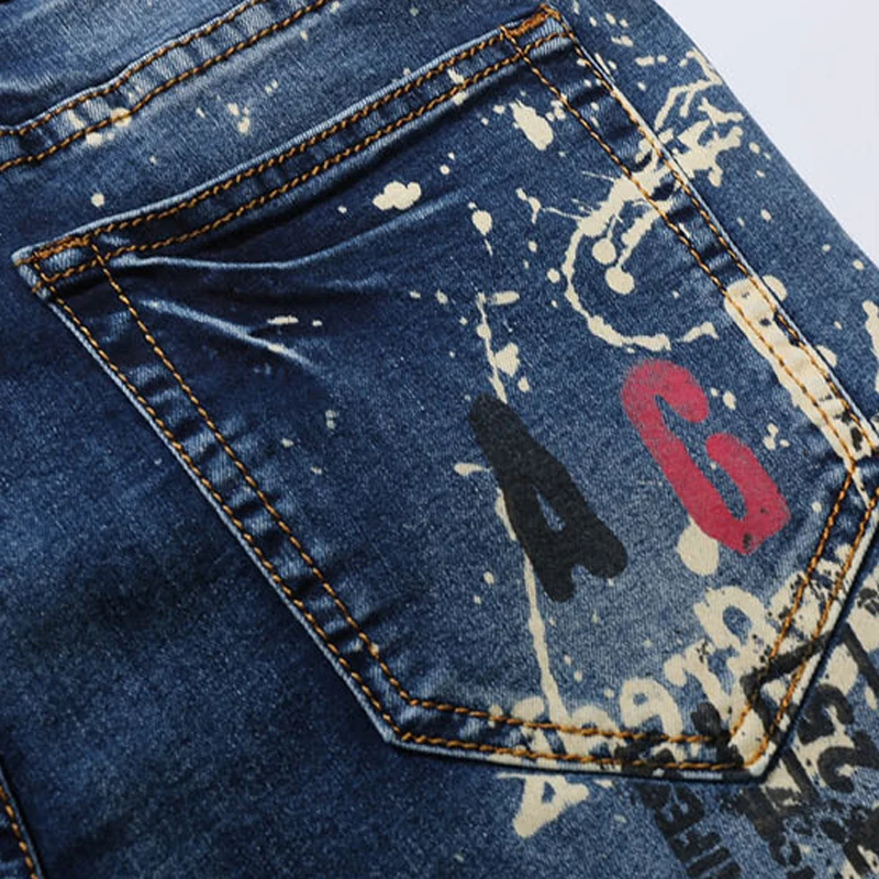 Sokotoo Men's fashion slim wolf print jeans Male casual knee length stretch denim shorts | Мужская одежда