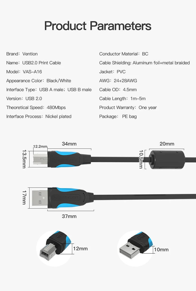 Vention USB 2,0 кабель для печати USB 2,0 type A Male To B Male Синхронизация данных сканер USB кабель для принтера 1 м 2 м для принтера hp Canon Epson