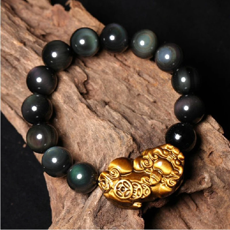 

JoursNeige Natural Obsidian Stone Bracelets Round Beads With Yellow Tiger eyes Stone Pi Xiu Lucky for Men Women Bracelet Jewelry