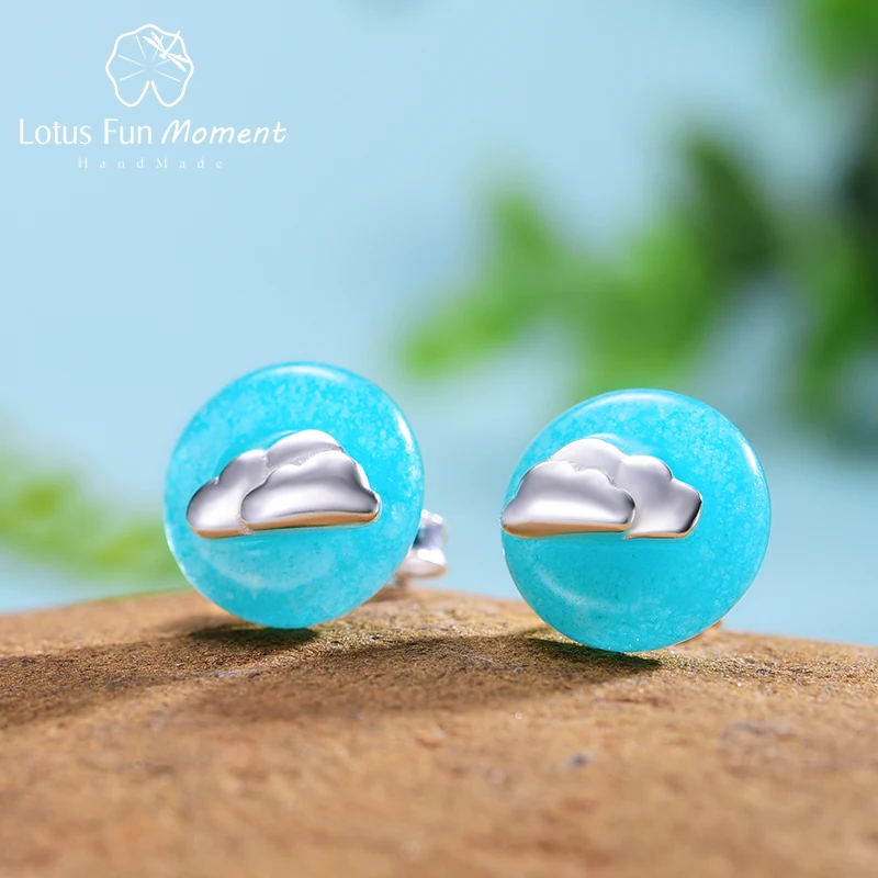 Lotus Fun Moment Real 925 Sterling Silver Creative Fashion Jewelry Minimalist Design Blue Sky and Clouds Stud Earrings for