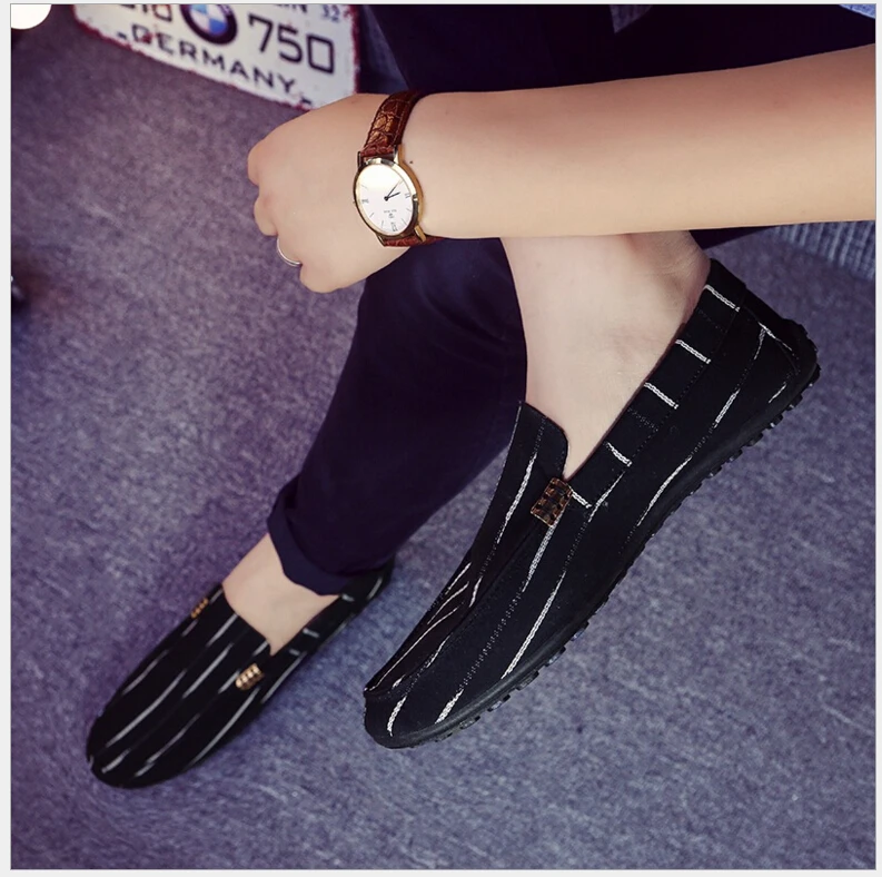 Мужские лоферы черные парусиновые туфли без шнуровки повседневные для вождения