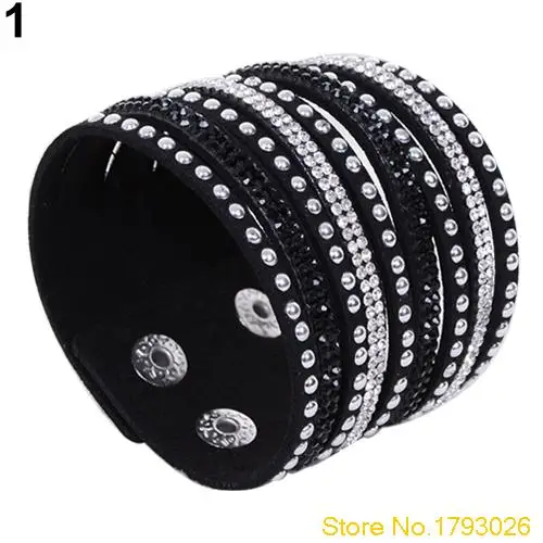 Женский винтажный многослойный замшевый Браслет манжета с заклепками Стразы