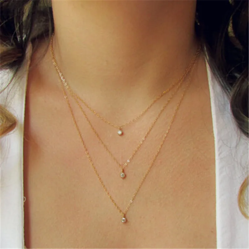 Модное многослойное ожерелье из серебра или золота изящное золотое с фианитами и