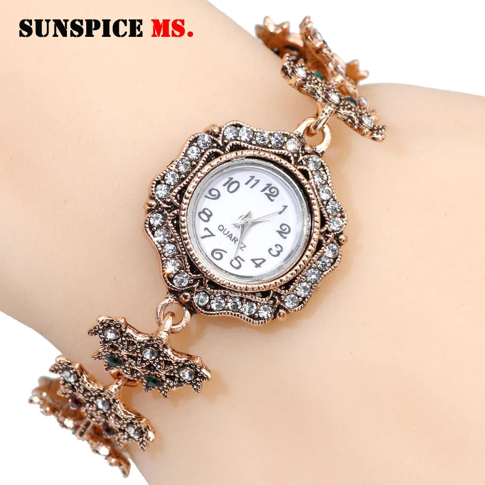SUNSPICE MS Новый Ретро Браслет золотого цвета с кристаллами наручные часы для женщин