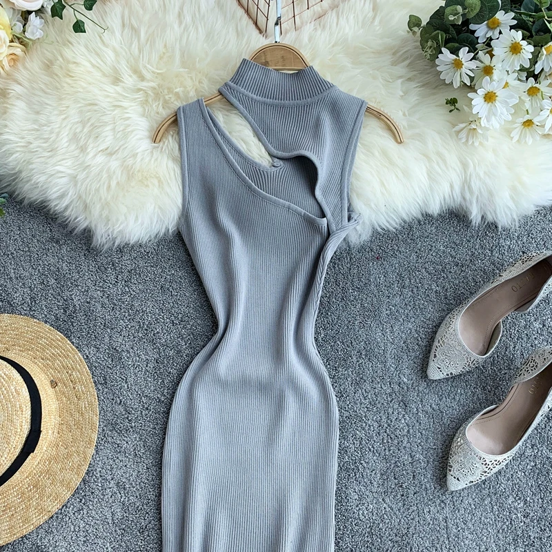 OCEANLOVE Knitted Sexy Dress Hollow Out Sleeveless High Waist Women Midi Dresses Summer Bodycon Retro Slim Vestidos 12431