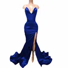Женское вечернее платье-русалка, Красное или синее атласное платье на молнии с разрезом, глубоким V-образным вырезом, для выпускного вечера