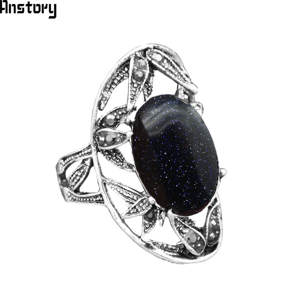 Овальные блестки темно синий камень кольца для Для женщин Винтаж листьев