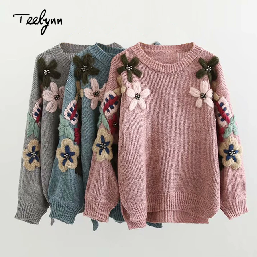 TEELYNN свитер в стиле бохо для женщин пуловеры цветочной вышивкой бисером ручной с